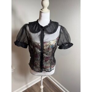 Maeve Anthropologie Floral Sheer Organza Puff Sleeve Blouse Black Small